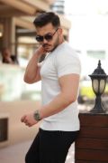 Erkek Ince çizgi Dokulu Bisiklet Yaka Kısa Kollu T-shirt resmi